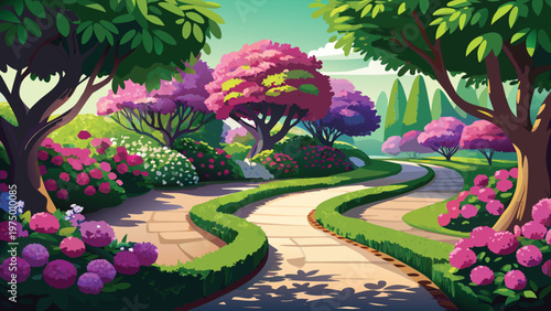 A serene path winds through a vibrant garden filled with blooming pink and purple flower bushes Vector