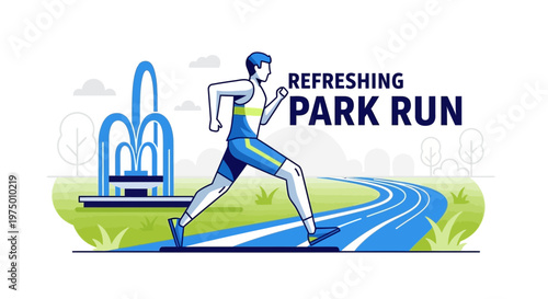 Energetic Runner On Scenic Park Track With Fountain And Trees