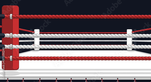 Empty Boxing Arena With Red And White Ropes And Dark Background