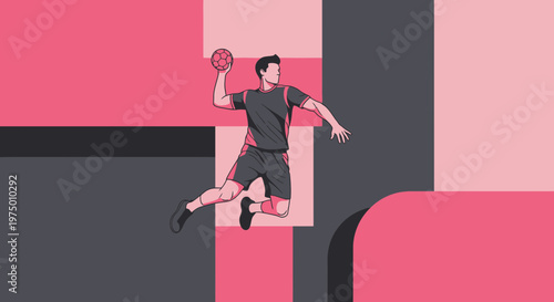 Energetic Handball Player Mid-Jump Capturing Dynamic Sport Action Minimalist Style