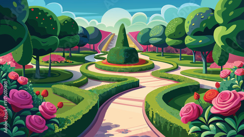 A beautiful cartoon style illustration of a vibrant garden with manicured hedges and pink roses Vector