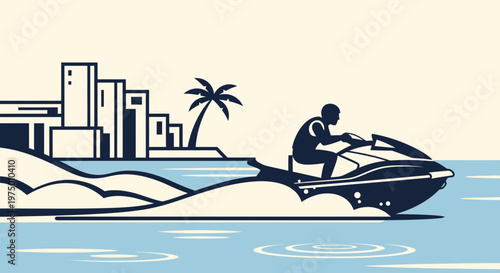 Energetic Jet Ski Rider Near Modern Cityscape On A Sunny Day