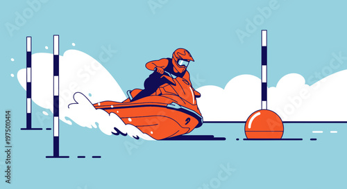 Energetic Jet Ski Rider Navigating Watercourse Competition Obstacles