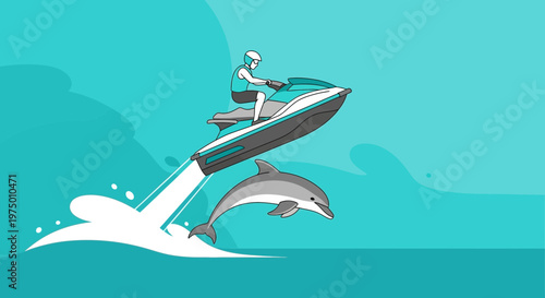 Energetic Jet Ski Rider Soaring With A Playful Dolphin Companion