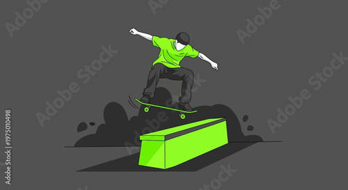 Energetic Skateboarder Executes Dynamic Trick Over Bright Green Ramp