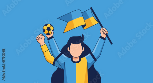 Energetic Soccer Fan Celebrating Victory With Ukrainian Flag And Ball