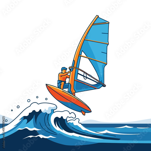Energetic Windsurfer Riding A Wave In The Ocean
