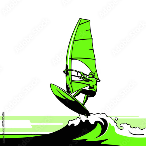 Energetic Windsurfer Riding Green Wave Dynamic Action Outdoor Sport Illustration