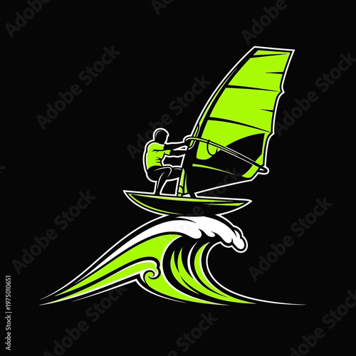 Energetic Windsurfer Riding Vibrant Neon Wave In Dynamic Silhouette Style