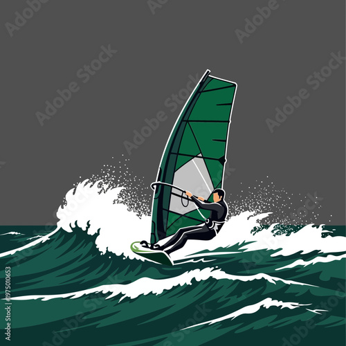 Energetic Windsurfer Riding Choppy Waves Green Sail Thrill