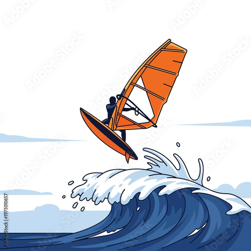 Energetic Windsurfer Riding A Tall Wave With Orange Sail Flying High