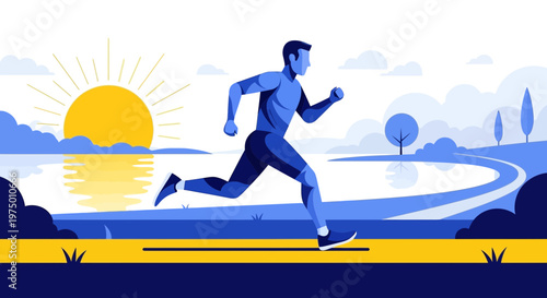 Energetic Man Running At Sunrise Near Calm Lake And Winding Path