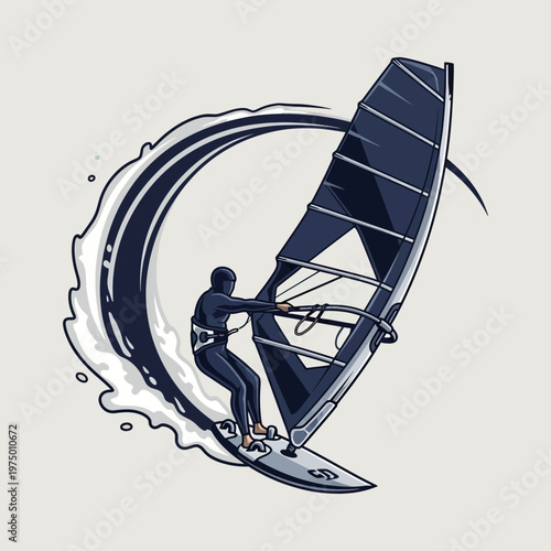 Energetic Windsurfer Riding Waves in Dynamic Ocean Sport Illustration