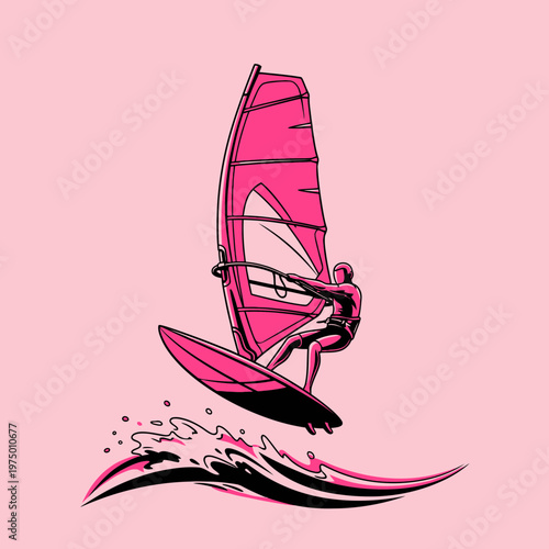 Energetic Windsurfer Riding Waves In Dynamic Action Pose Pink Art Style