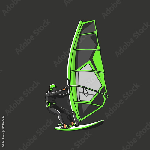 Energetic Windsurfer Riding Waves With Vibrant Green Sail Illustration