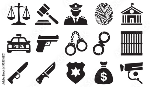 Law and justice icon set with police gun handcuffs courthouse and legal symbols in black vector style