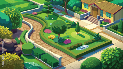 A vibrant and picturesque pixel art landscape featuring a serene garden path and suburban house. Vector