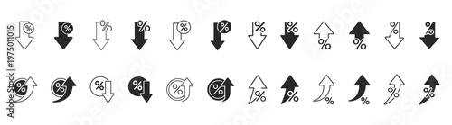 Up and down percentage icon set, percent growth and decline icons, percent increase and decrease arrows, data analysis symbol, rate fluctuation signs in black color on transparent background