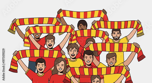 Enthusiastic Crowd Cheers With Red And Yellow Scarves Celebrating Event