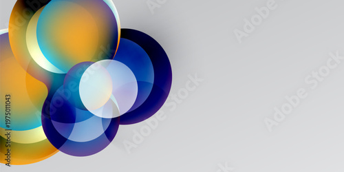 Abstract circles overlap, creating vibrant color gradients. Blue, orange hues dominate dark, light background. Modern design element.