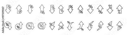 Up and down percentage icon set, percent growth and decline icons, percent increase and decrease arrows, data analysis symbol, rate fluctuation signs in black color on transparent background