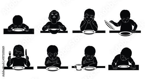 Children at tables with food displaying various emotional states in black and white