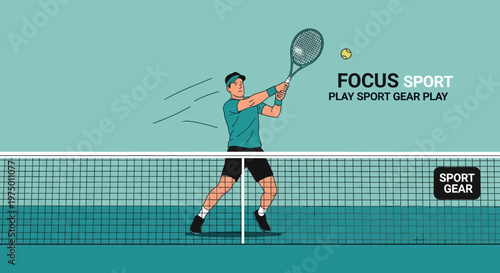 Energetic Tennis Player In Action On Court With Net And Ball Graphic Illustration