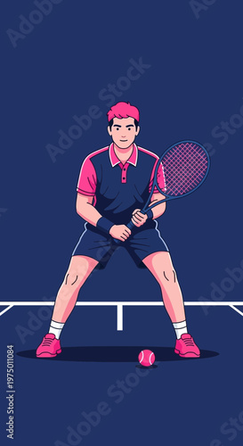 Energetic Tennis Player Ready To Serve On Court