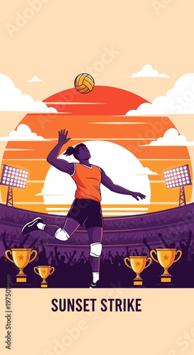 Energetic Volleyball Player Dominates The Court Under A Fiery Sunset Sky