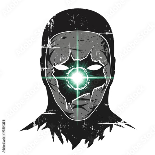 Abstract broken mask with glowing green eye and crosshair