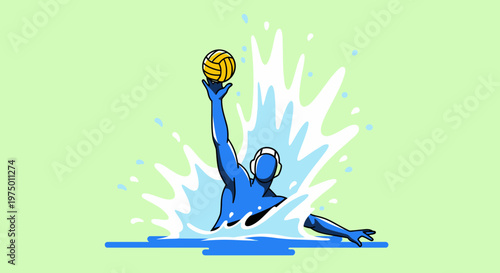 Energetic Water Polo Player Splashing Ball High In Pool Action