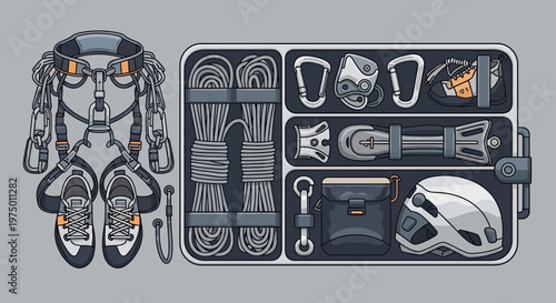 Essential Rock Climbing Gear Kit Flat Lay Illustration