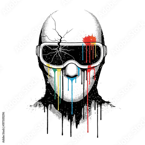 Abstract Cracked Head with Dripping Paint and Goggles