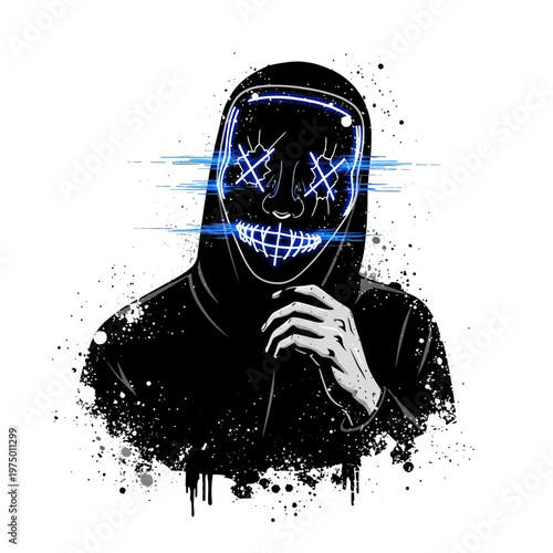 Anonymous hacker in a glowing mask with glitch effect, dark hoodie, cybercrime concept