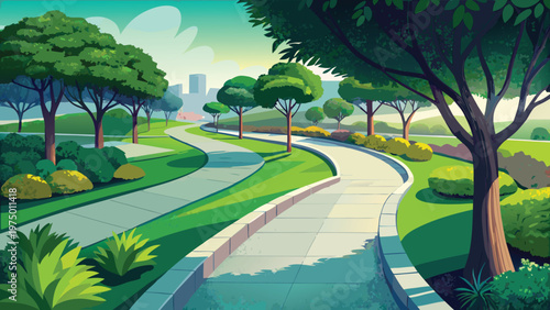 A peaceful winding path through a lush green park with vibrant trees and soft daylight shadows Vector