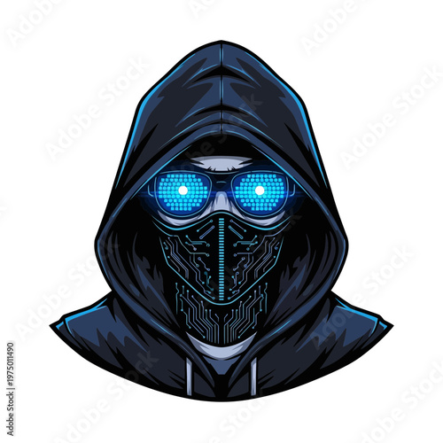 Cyberpunk hacker in hoodie with glowing blue digital mask and goggles
