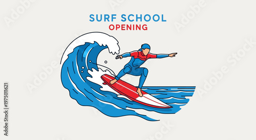 Exciting Surf School Opening Announcement Graphic Illustration