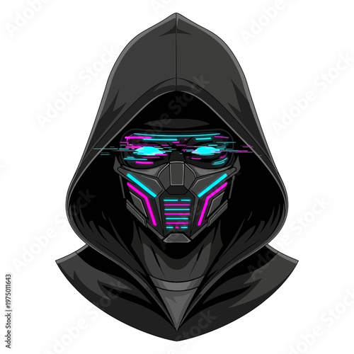 Futuristic hooded figure with glowing neon eyes, cyberpunk aesthetic
