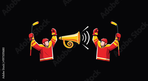 Excited Hockey Fanatics Cheer Together With A Megaphone