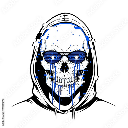 Glitching Skull Hoodie Hacker Sunglasses Digital Data Cyberpunk