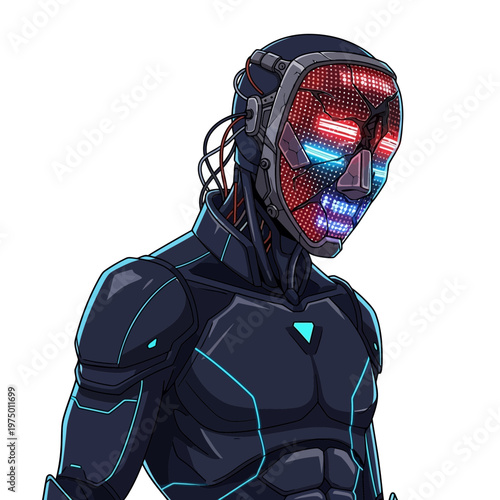 Futuristic Robot with LED Face Mask, Cyberpunk Android, Sci-Fi Character