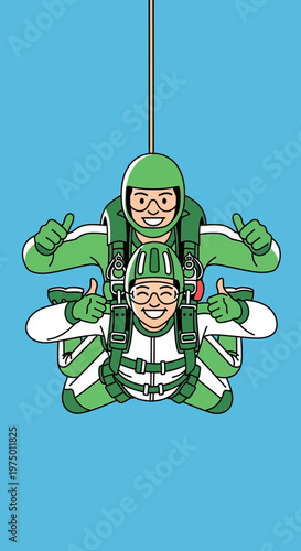 Excited Tandem Skydiving Duo Expressing Joy Mid-Flight