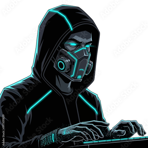 Hacker in Gas Mask Typing on Keyboard, Cyberpunk Style
