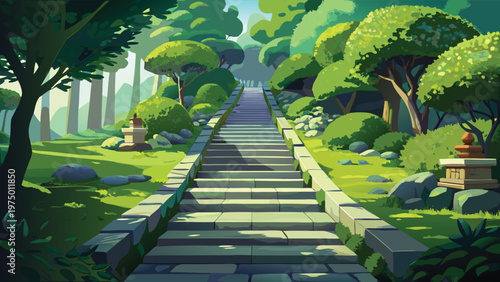 A peaceful stone staircase winding upward through a lush and vibrant anime style forest garden Vector