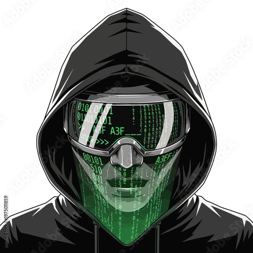 Hacker in Hooded Sweatshirt with Digital Mask and Goggles Displaying Binary Code