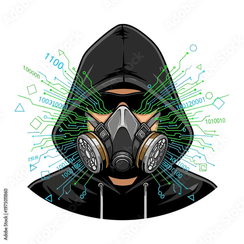 Hacker in gas mask with digital circuits and binary code
