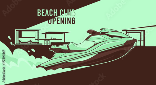 Exciting Beach Club Opening With A Jet Ski Arrival Illustration