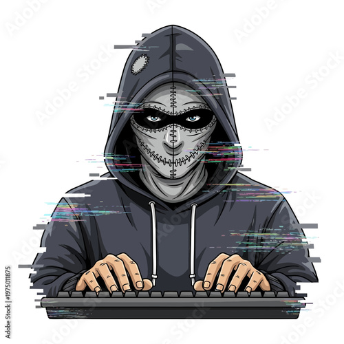 Hacker in hoodie typing on keyboard with glitch effect, cybercrime concept