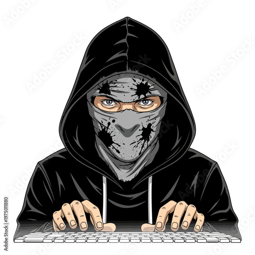 Hacker in hoodie typing on keyboard, cybercrime concept