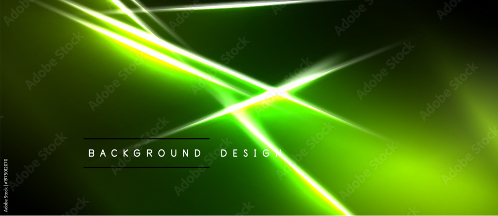 Naklejka premium Abstract neon lines intersect over dark green background. Bright glow creates dynamic visual effect. Text reads background design.